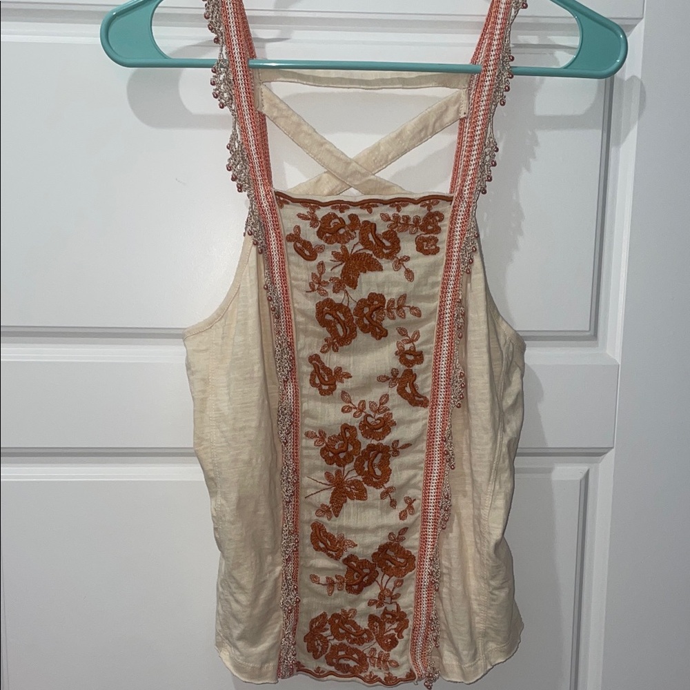 Free People Beaded boho Embroidered Cream and Orange Women's Top